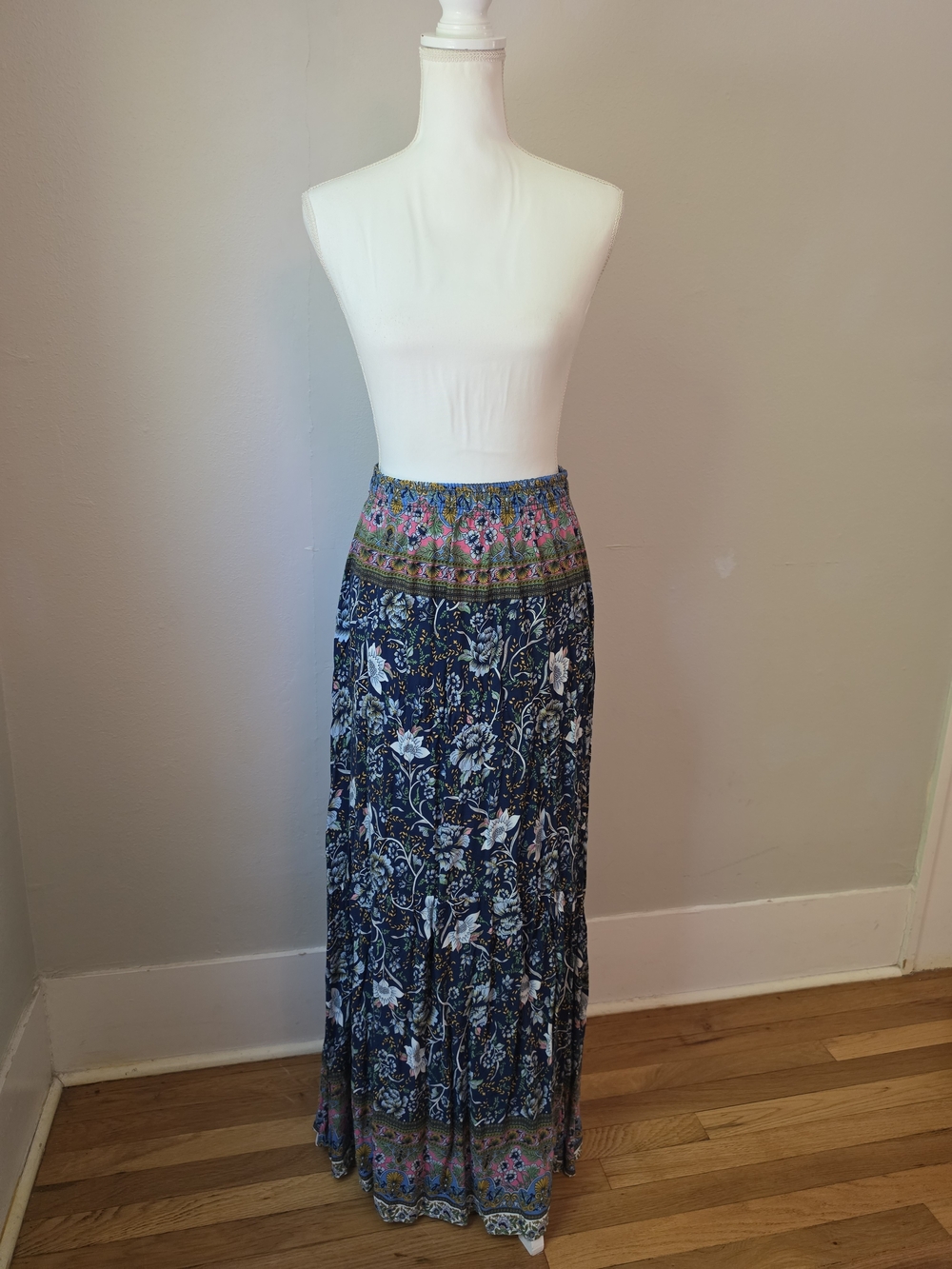 Navy Floral Boho Maxi Skirt with Patterned Waistband